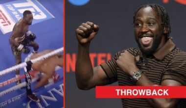 Terence Crawford swarms Kell Brook after landing huge right hand on him split with Crawford at the pre-fight press conference ahead of Canelo vs Cr...