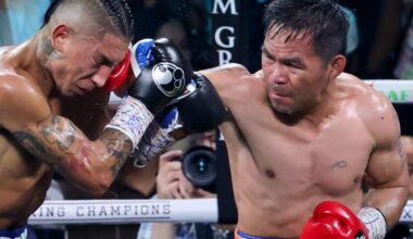 Manny Pacquiao lands a right hand on a shelled up Mario Barrios