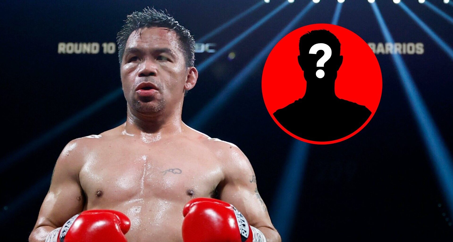 Manny Pacquiao in the ring for his fight with Mario Barrios with inset of mystery silhouette
