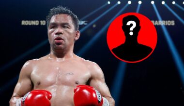 Manny Pacquiao in the ring for his fight with Mario Barrios with inset of mystery silhouette