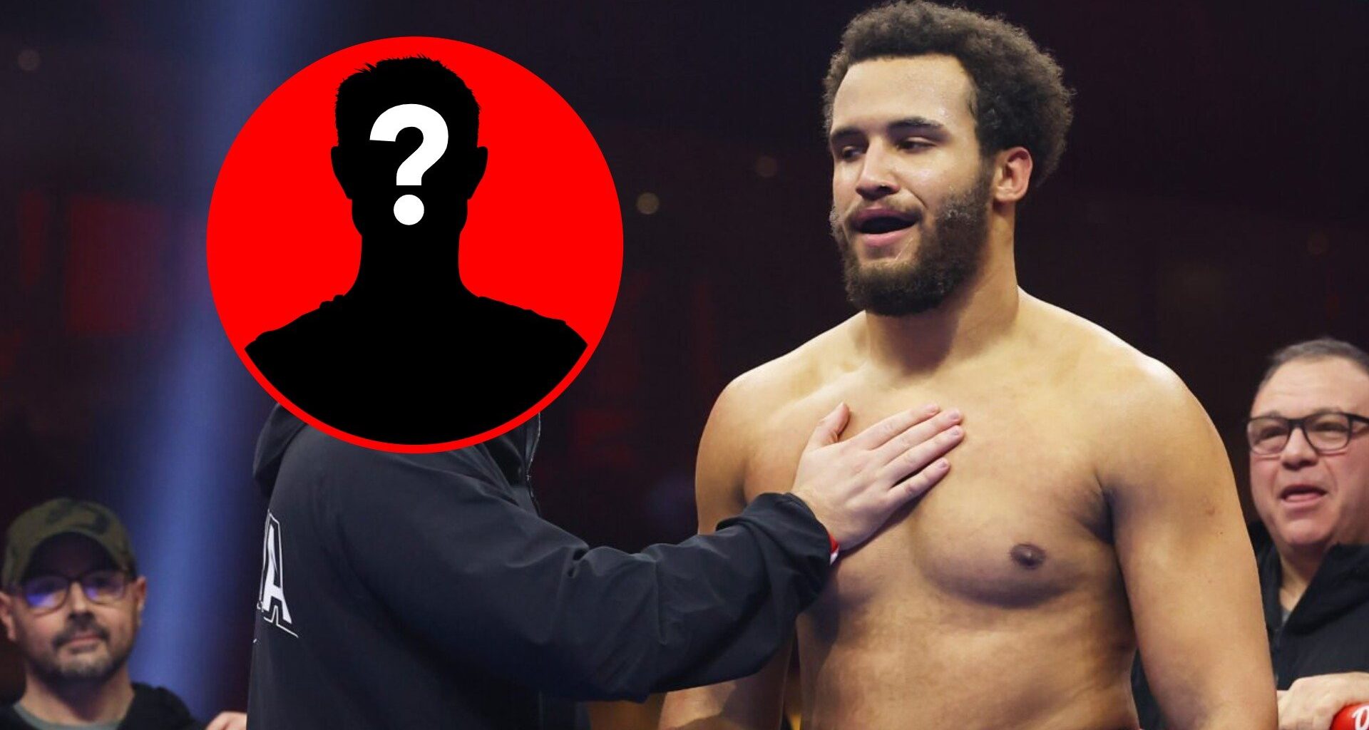 Moses Itauma stood with Ben Davison in the ring with inset of mystery silhouette