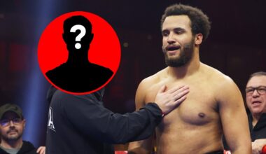 Moses Itauma stood with Ben Davison in the ring with inset of mystery silhouette