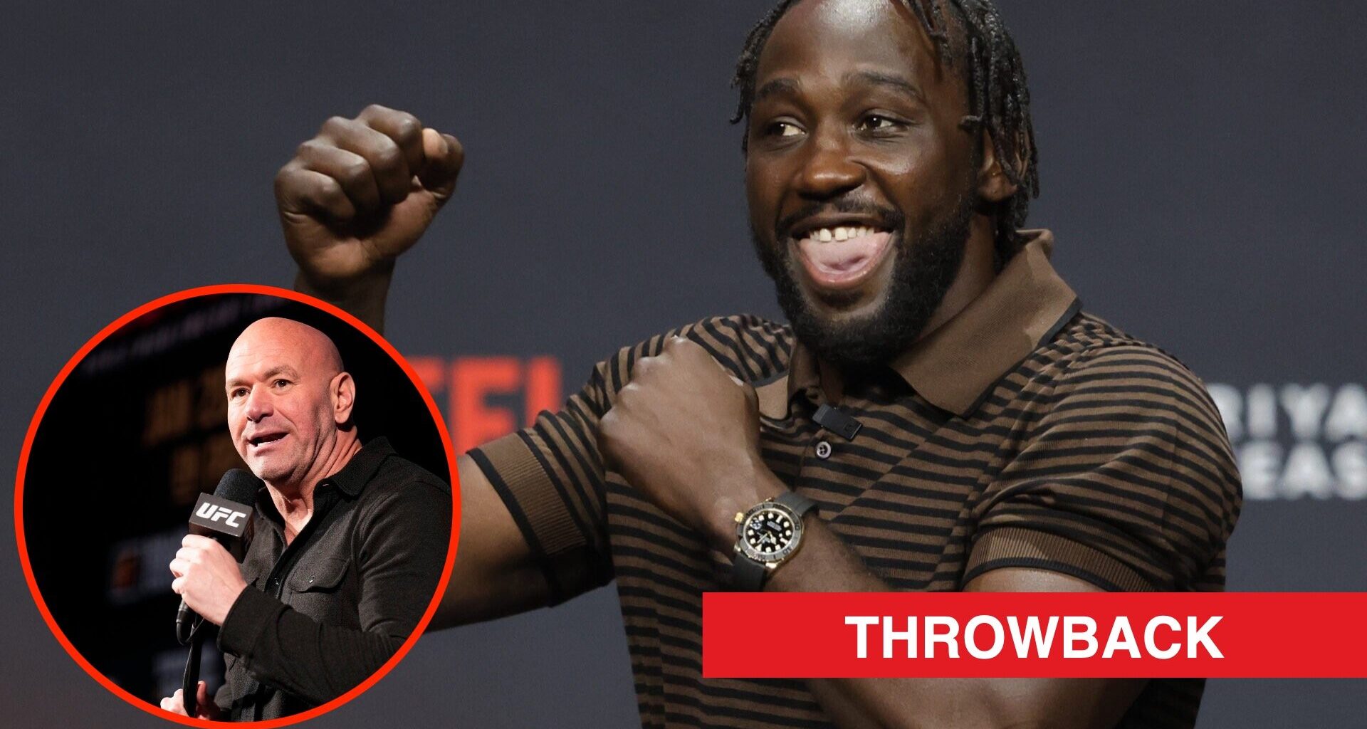 Terence Crawford on stage at the Canelo vs Crawford press conference with an inset of Dana White answering questions at UFC 297 press conference