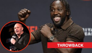 Terence Crawford on stage at the Canelo vs Crawford press conference with an inset of Dana White answering questions at UFC 297 press conference
