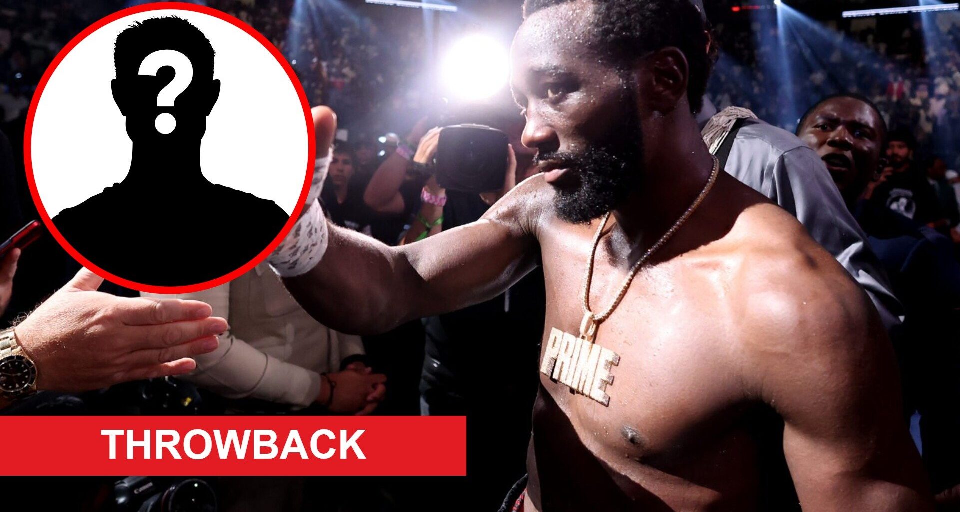 Terence Crawford celebrates after beating Errol Spence Jr., inset mystery icon and throwback banner