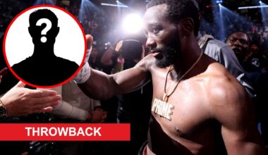 Terence Crawford celebrates after beating Errol Spence Jr., inset mystery icon and throwback banner