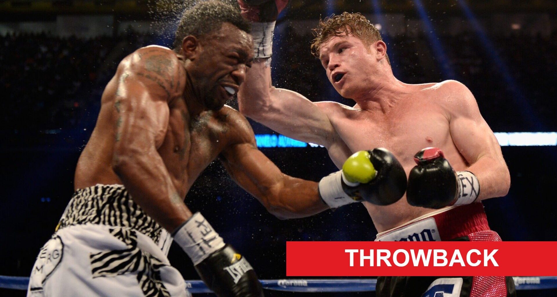 Canelo Alvarez punches Austin Trout in their 2013 bout, inset throwback banner