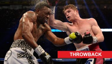 Canelo Alvarez punches Austin Trout in their 2013 bout, inset throwback banner