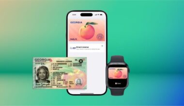 a Georgia driver&apos;s license sits next to a version of the ID on an iPhone and on an Apple Watch