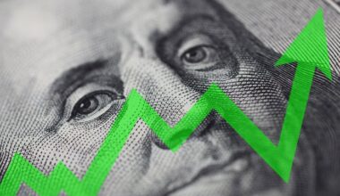 A green arrow points upward over an image of Ben Franklin from the hundred dollar bill.