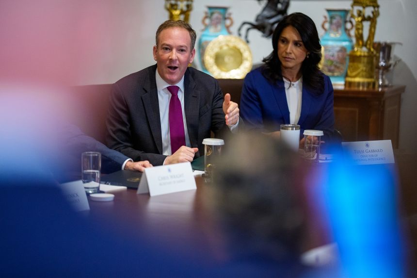 EPA Administrator Lee Zeldin, left, speaks during a cabinet meeting with President Donald Trump at the White House on July 8, in Washington, DC.