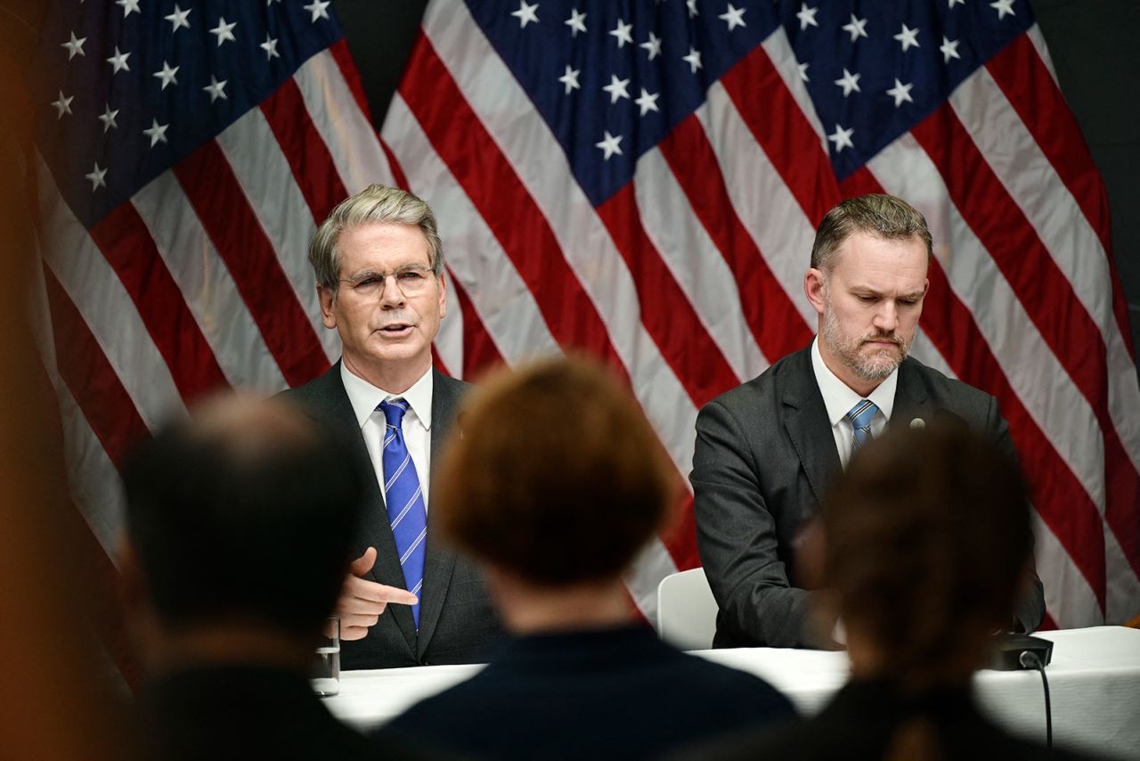 US Treasury Secretary Scott Bessent , left, and US Trade Representative Jamieson Greer address a press conference in Rosenbad after the trade talks between the US and China concluded, in Stockholm, Sweden on Tuesday.