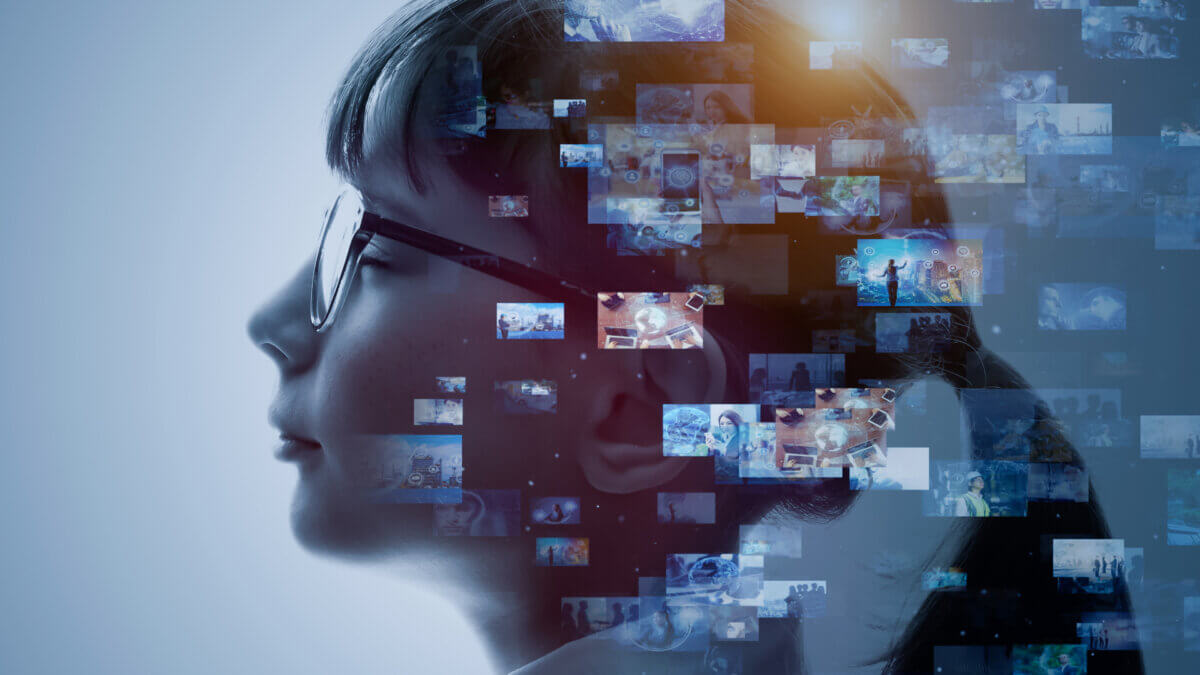 Girl with movie clips around the brain