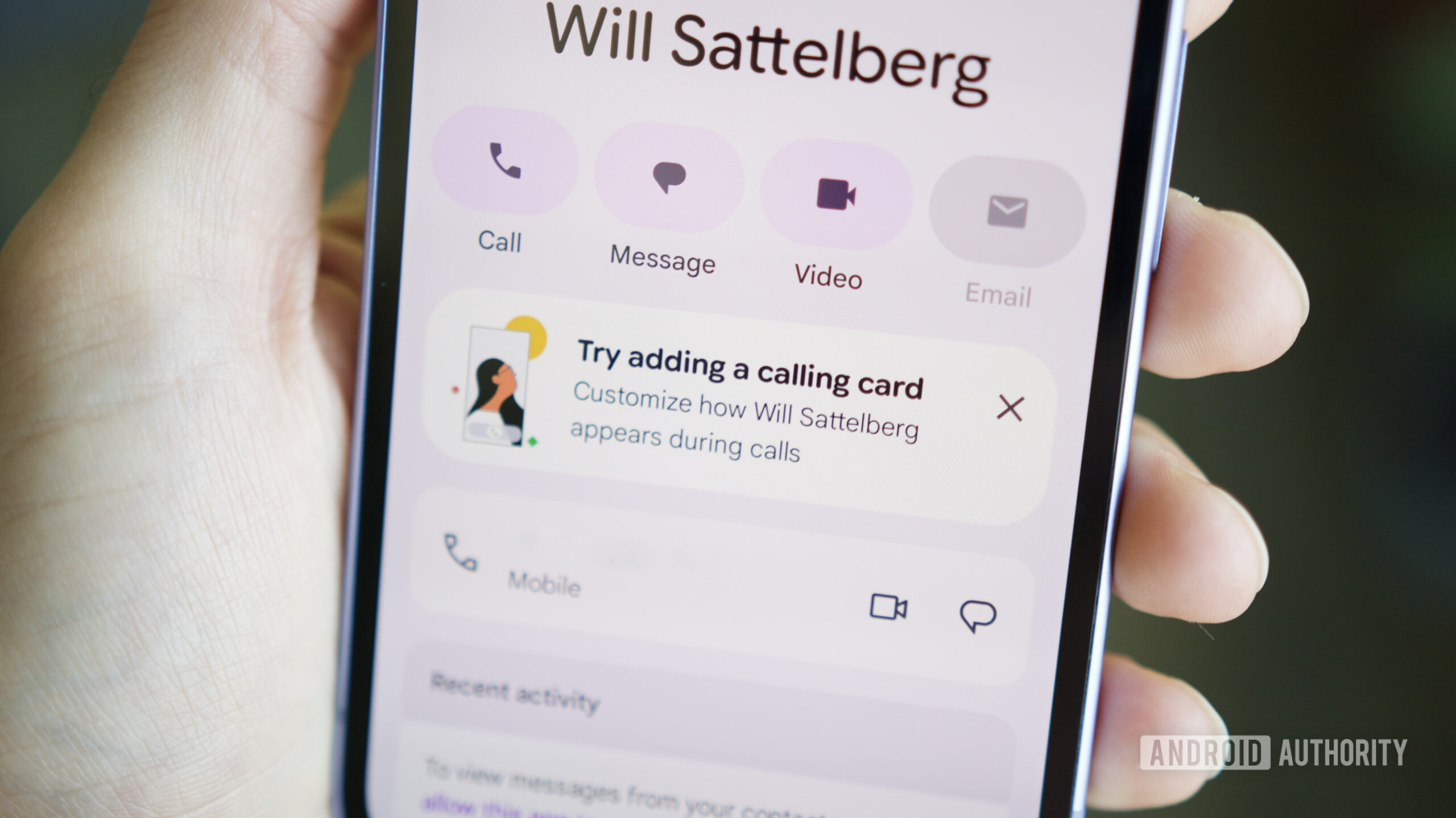 Calling Card prompt in the Google Contacts app.