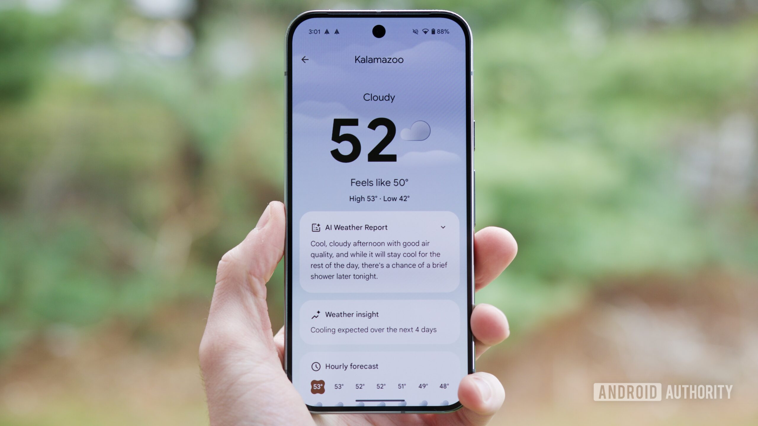 Pixel Weather app on a Google Pixel phone.