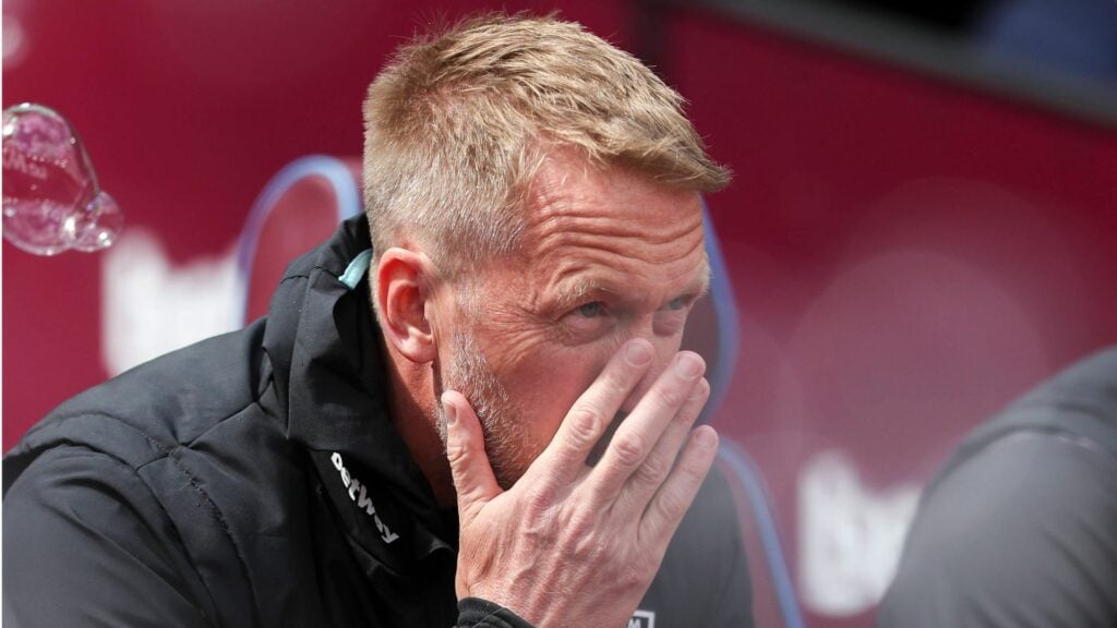 West Ham manager Graham Potter anxiously watches on from the dugout