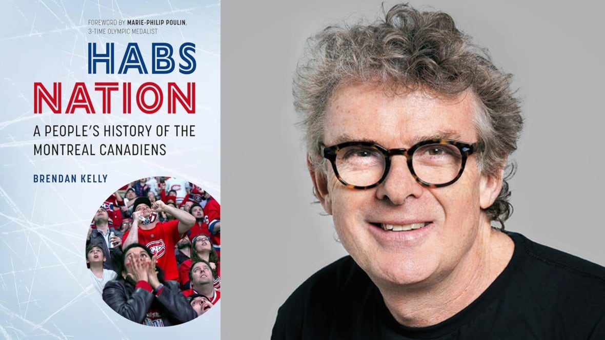 The book cover featuring an ice rink and a photo of fans of the Montreal Canadiens in the stands and the author a man with grey curly hair and black rimmed glasses wearing a black t-shirt