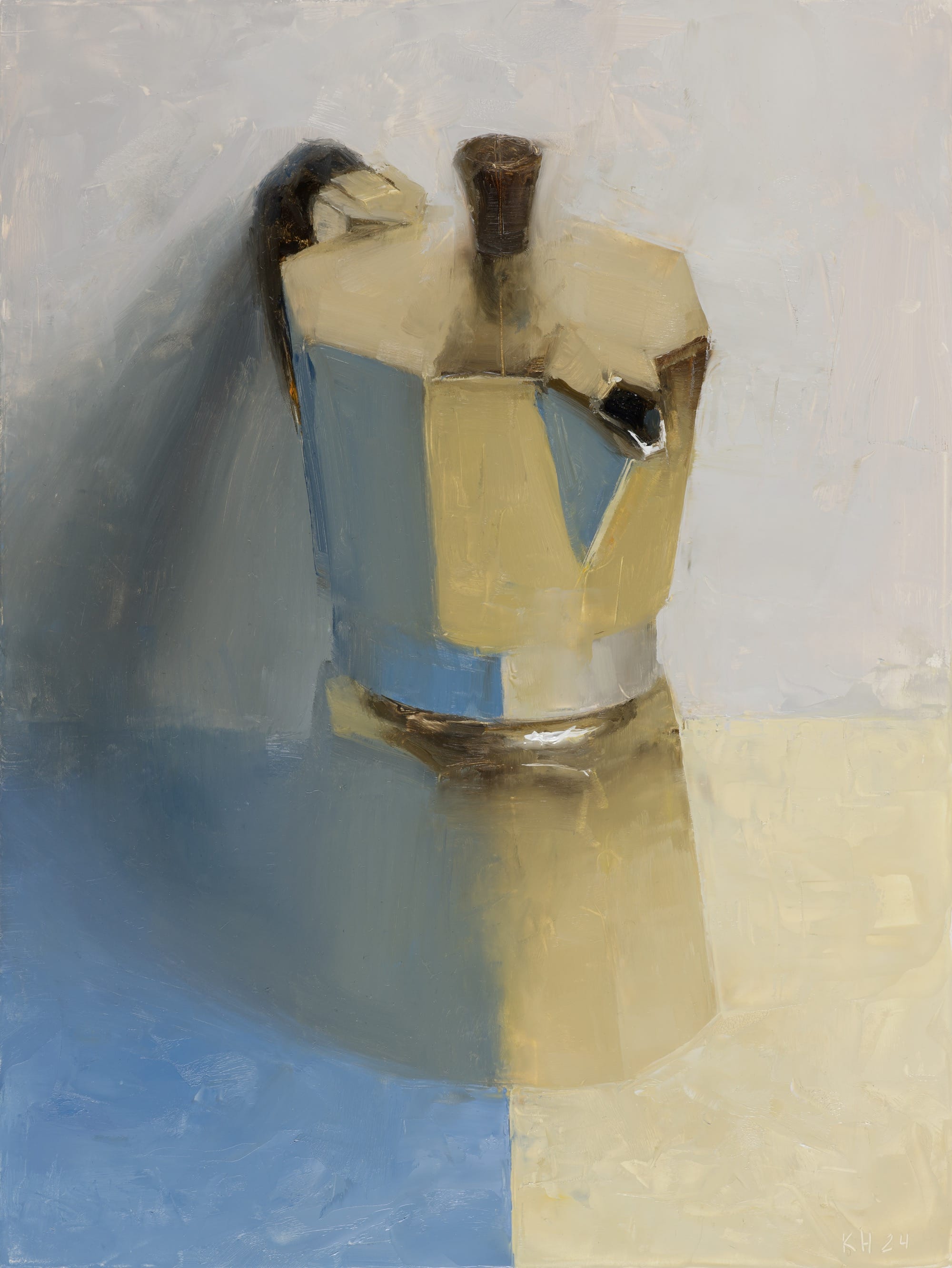 an oil painting of a moka coffee maker reflecting the blue and cream-colored surface that it sits on