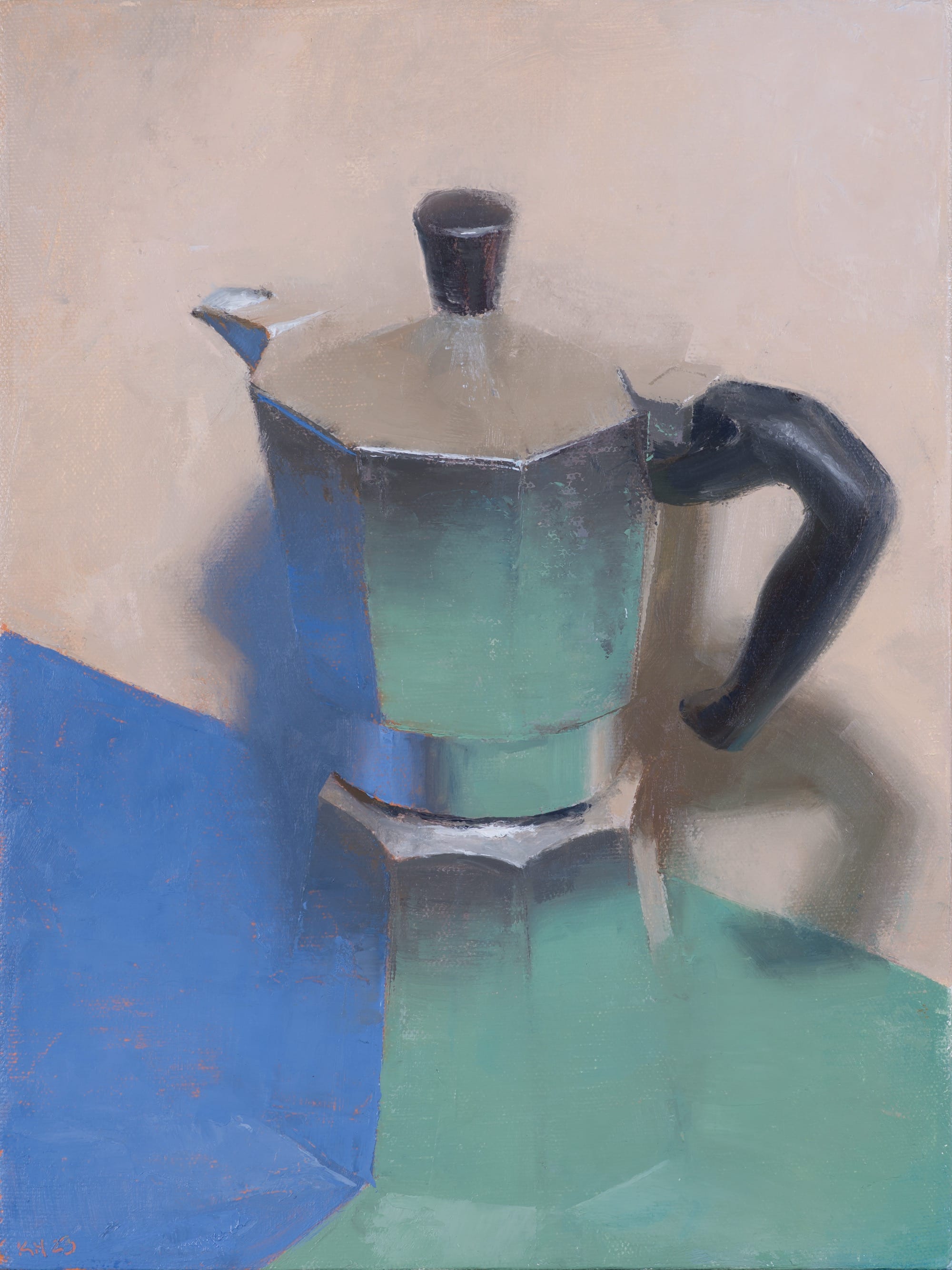 an oil painting of a moka coffee maker reflecting red and green from the surface it sits on