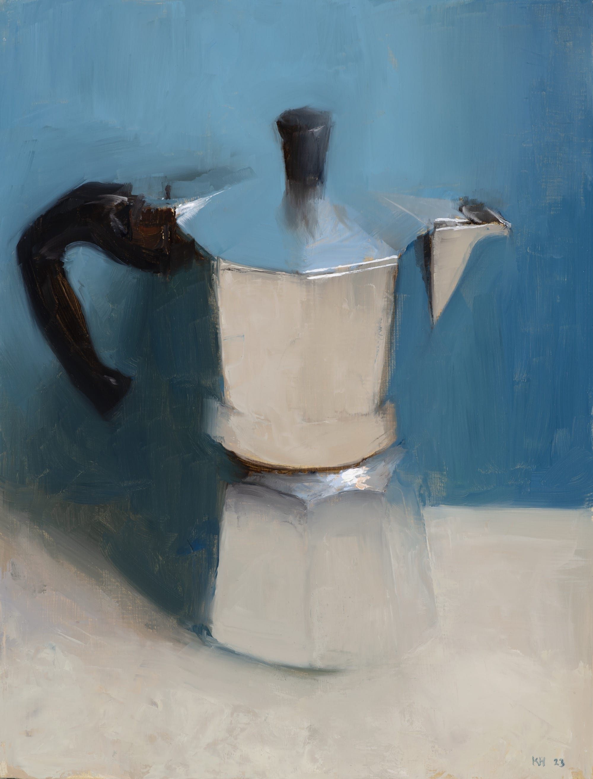 an oil painting of a moka coffee maker set against a blue background
