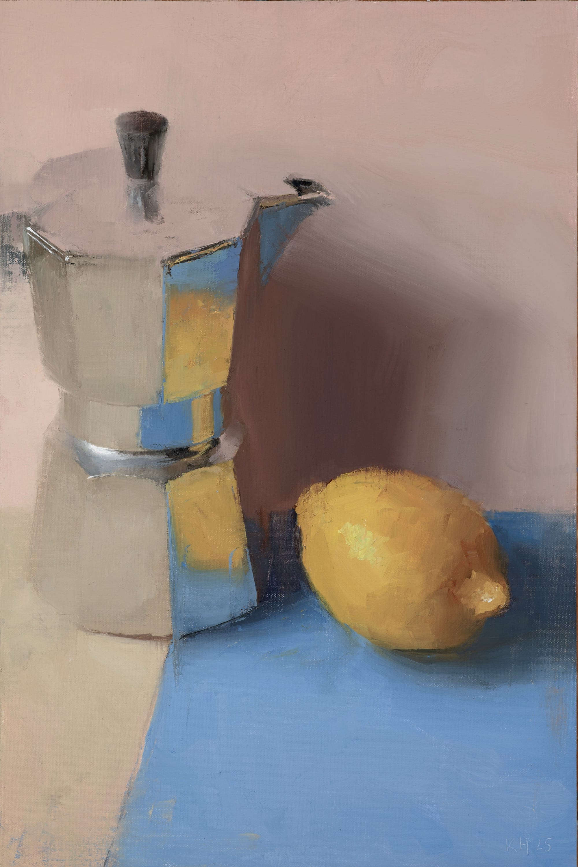 an oil painting of a moka coffee maker sitting next to a lemon, on a blue surface, against a pink background