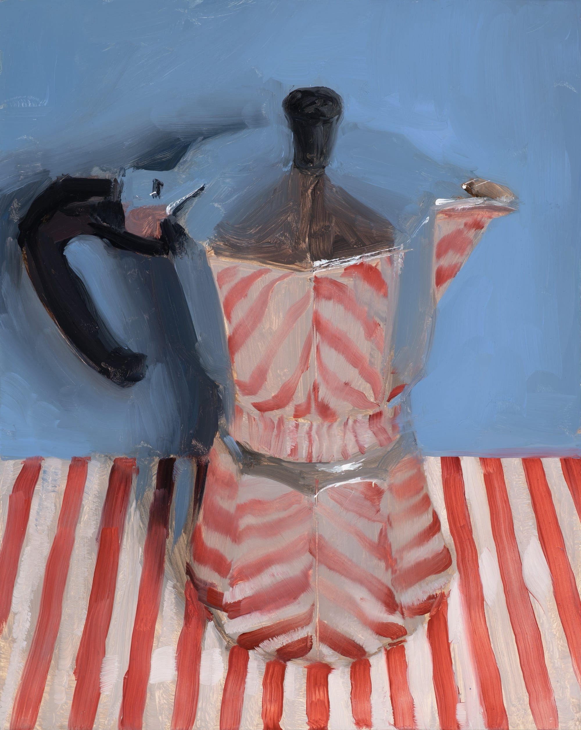 an oil painting of a moka coffee maker reflecting the red and white striped surface it sits on, against a blue background