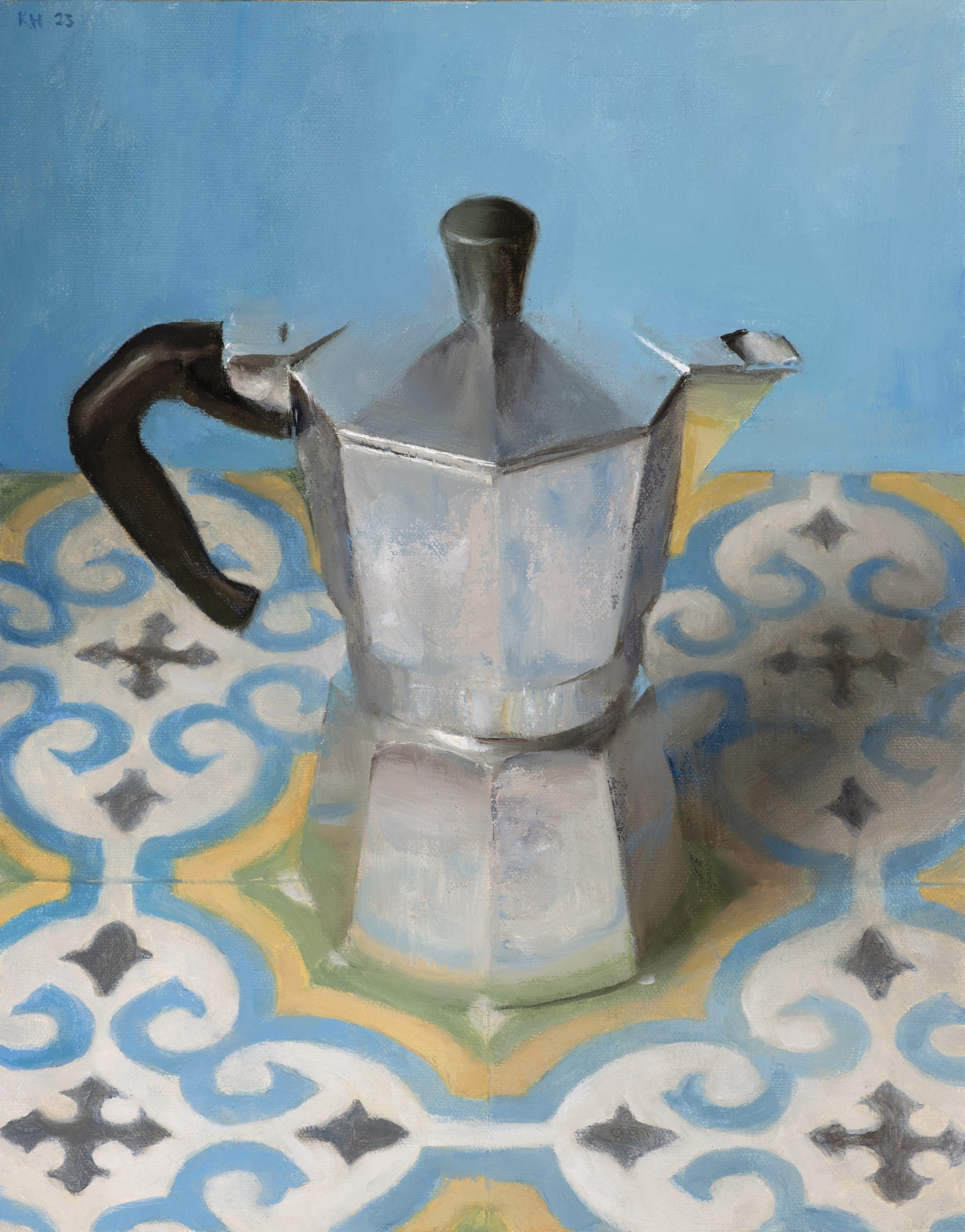 an oil painting of a moka coffee maker reflecting the decorative tile surface it sits on, against a blue background