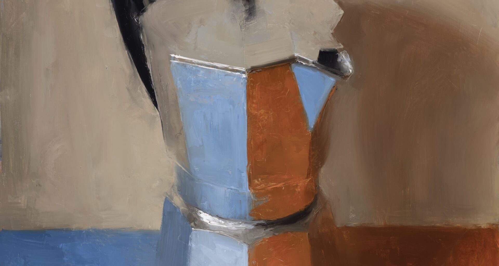 an oil painting of a moka coffee maker reflecting red and blue on the table