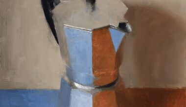 an oil painting of a moka coffee maker reflecting red and blue on the table