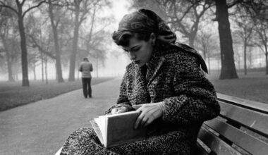 Black and white image of a woman wearing a winter coat and headscarf, reading a book on a park bench