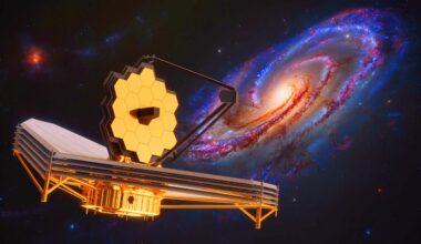 Illustration of the James Webb Space Telescope observing ancient galaxies with distinct rotational patterns.
