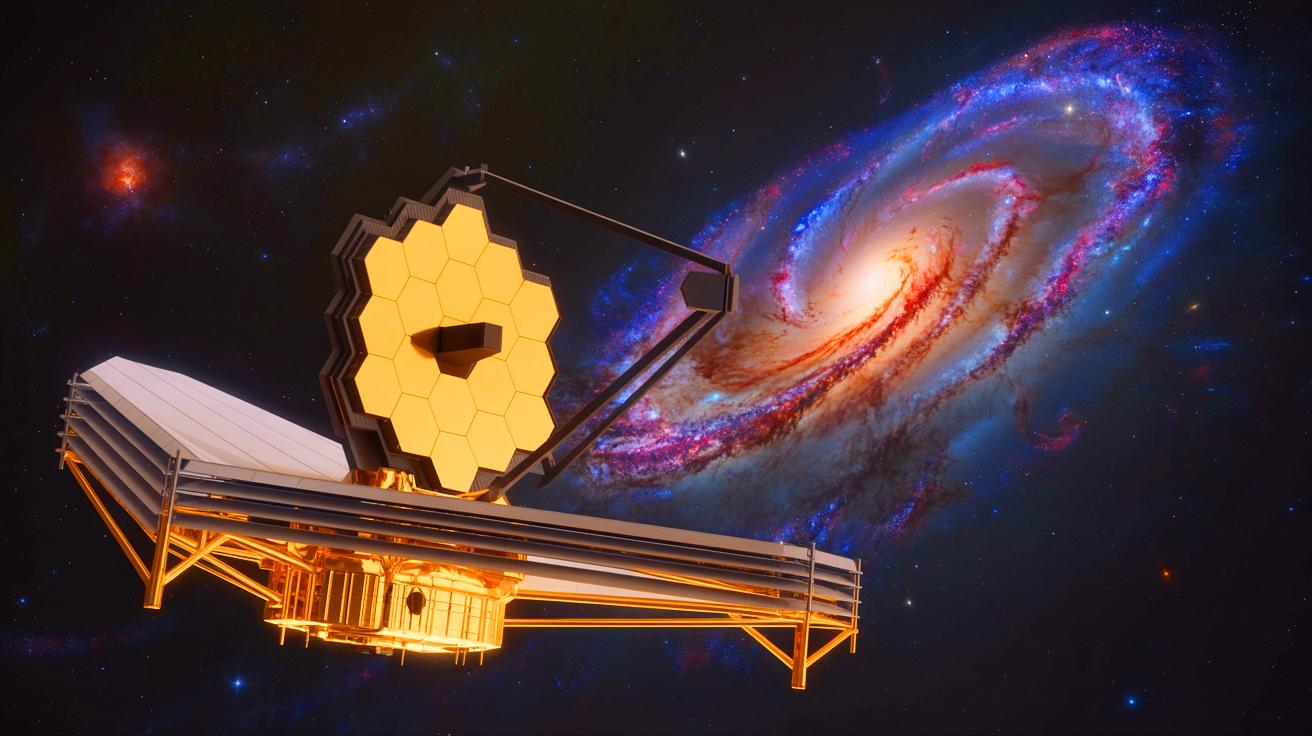 Illustration of the James Webb Space Telescope observing ancient galaxies with distinct rotational patterns.