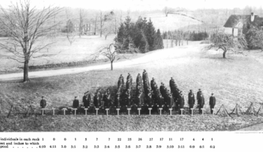 In this vintage black and white image, a few dozen students stand in a field grouped according to their height, with many individuals lined up towards the middle and fewer people on either end.