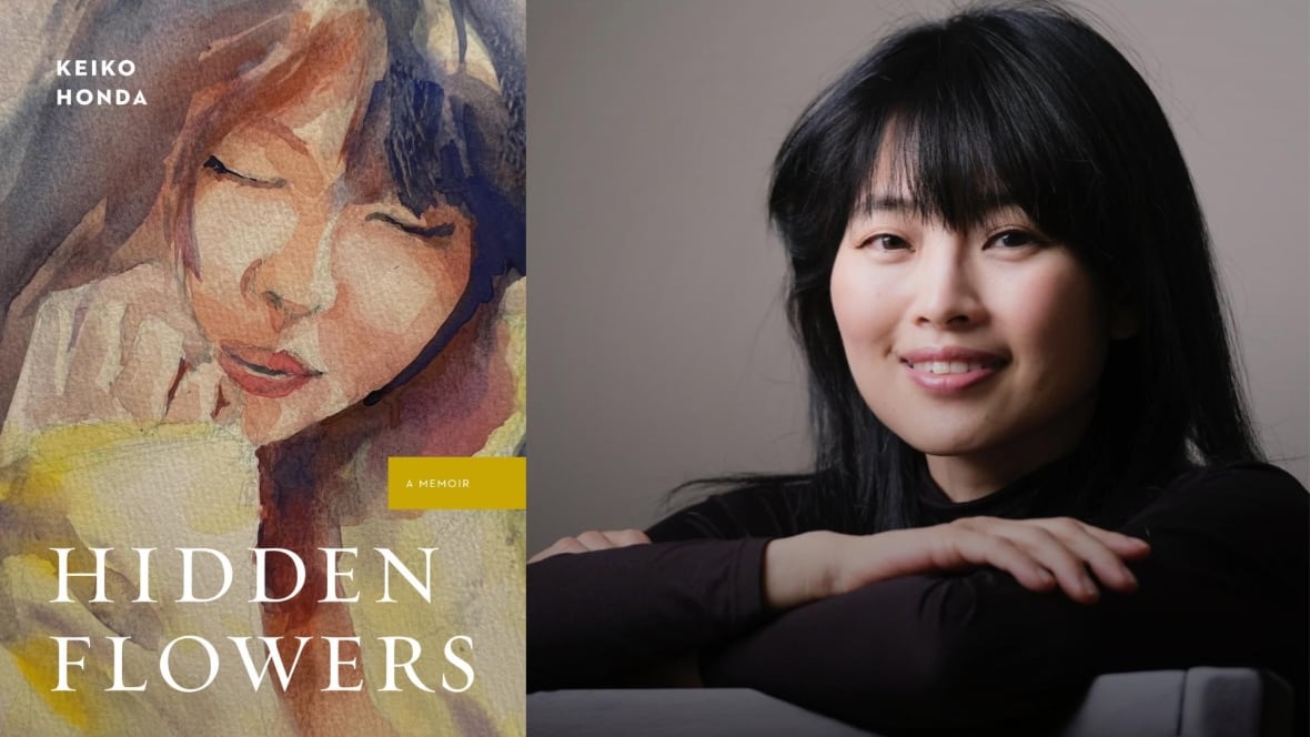 A photo composite of a book cover of a painted woman's face and on the right is an author headshot of woman with black hair on the right. 