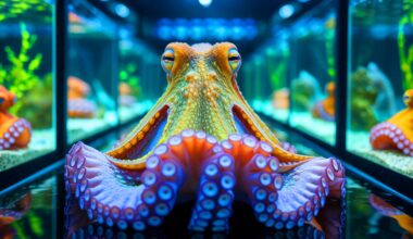 Illustration of octopus farming and its ethical and environmental implications.