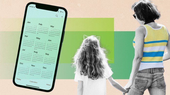 Montage of a phone with a calendar and a mother and child walking and holding hands