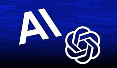 Large white letters &quot;AI&quot; and the OpenAI logo on a blue, digitally patterned background
