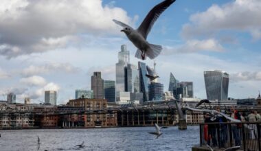 The London skyline with modern skyscrapers is seen across the Thames, with seagulls flying and people standing by the river.
