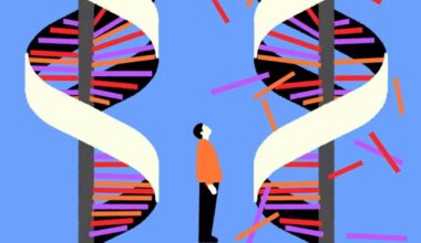 María Hergueta illustration of a person standing between two DNA strands, looking at one that is falling apart