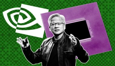 Jensen Huang gestures in front of an Nvidia Grace chip and the Nvidia logo on a green checkered background