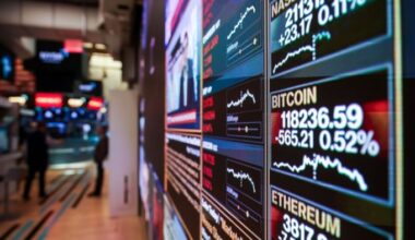 Cryptocurrency market information on a TV screen on the floor of the New York Stock Exchange