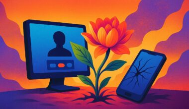 Illustration symbolizing a humane internet – a vibrant flower blooms between a glowing video-call computer monitor and a cracked smartphone against a warm, sunset-style backdrop.