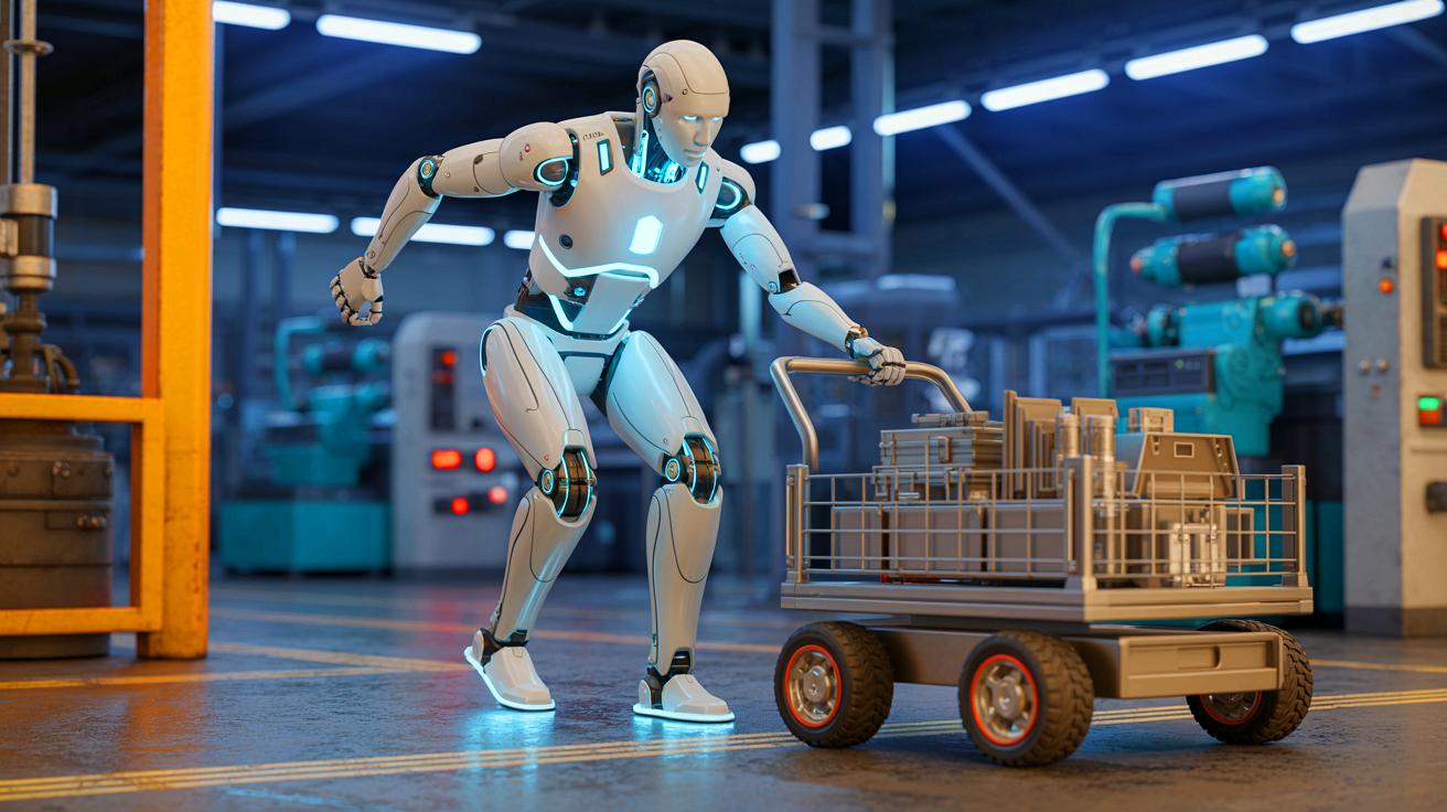 Illustration of MagicBot showcasing its pulling capabilities in a factory setting.