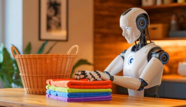 Illustration of a humanoid robot powered by Helix AI folding laundry with human-like precision.