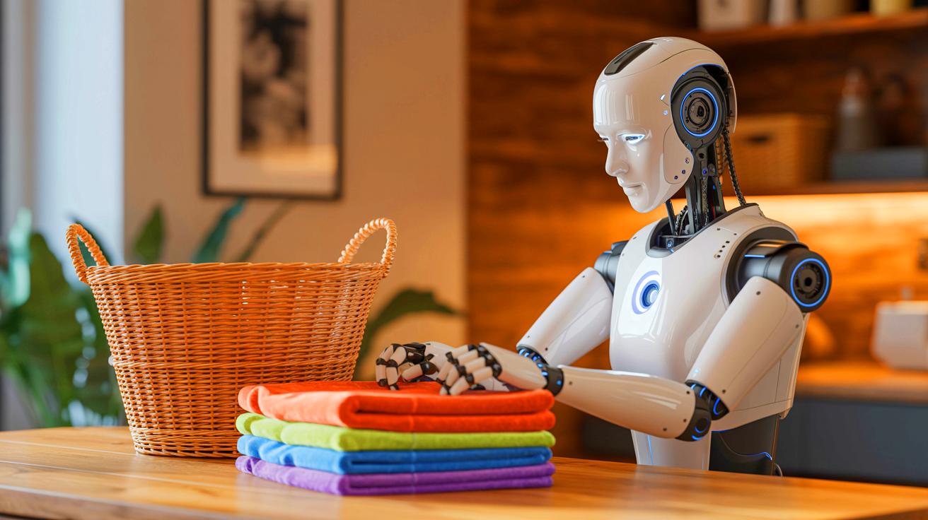 Illustration of a humanoid robot powered by Helix AI folding laundry with human-like precision.