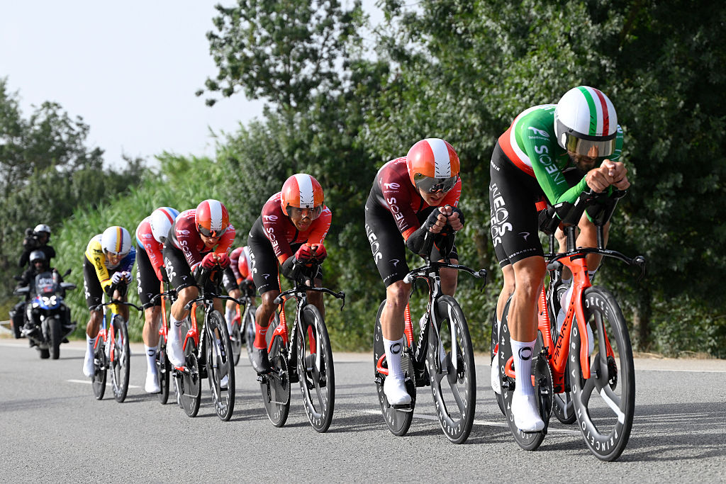 Team Ineos' riders compete during the fifth stage of La Vuelta a Espana cycling tour, a 24.1 km time-trial team race in Figueres, on August 27, 2025. (Photo by Josep LAGO / AFP)