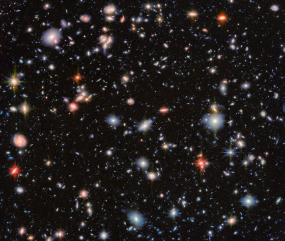 This Webb image shows the Hubble Ultra Deep Field, an area of deep space with thousands of galaxies in various shapes and sizes on a black background. Image credit: NASA / ESA / CSA / Webb / G. Östlin / P. G. Perez-Gonzalez / J. Melinder / JADES Collaboration / M. Zamani, ESA & Webb.