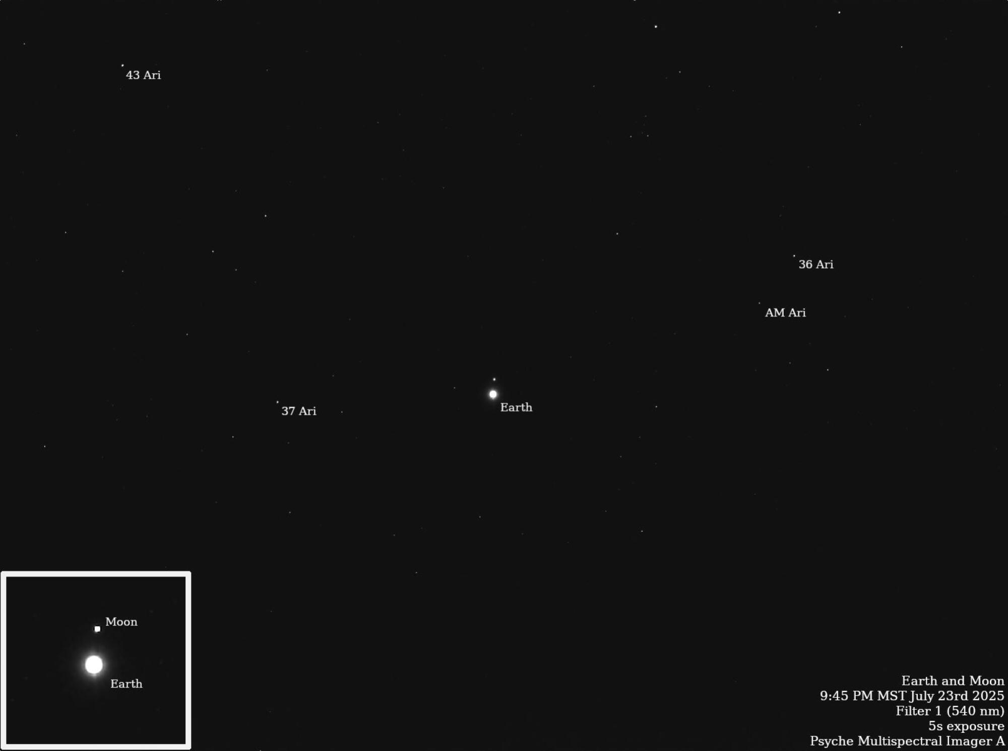 Psyche orbiter taking a look back at Earth and the moon in space.