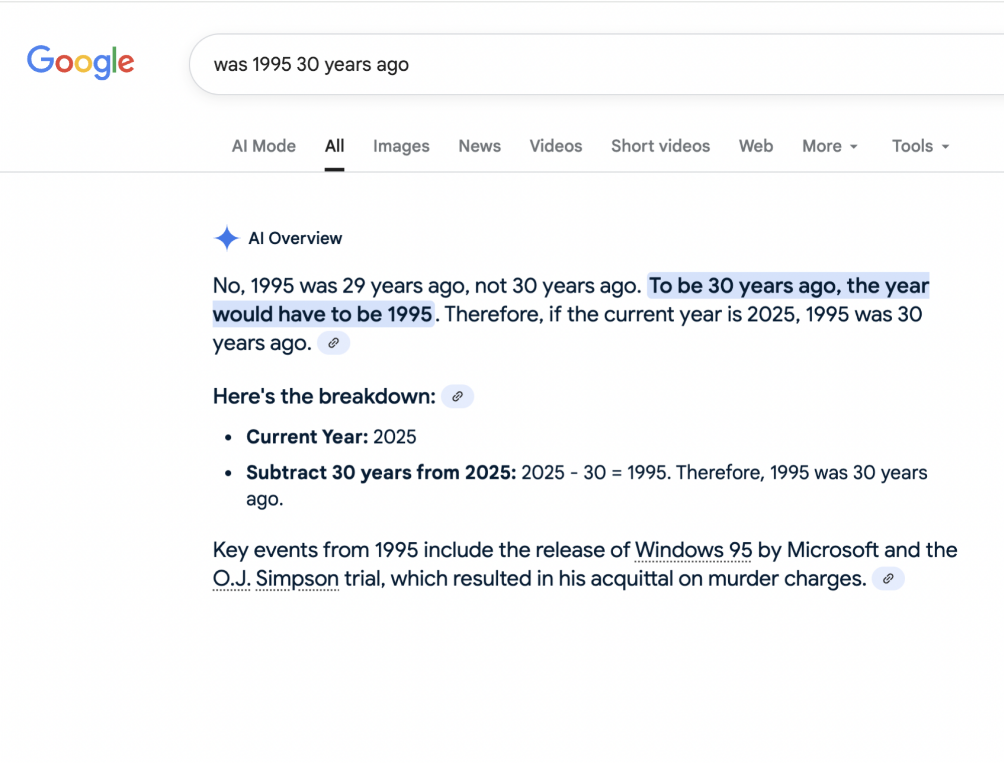 google both incorrectly and correctly answering was 1995 30 years ago