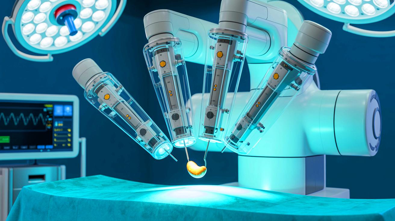 Illustration of a robot autonomously performing a gallbladder removal surgery using voice commands.
